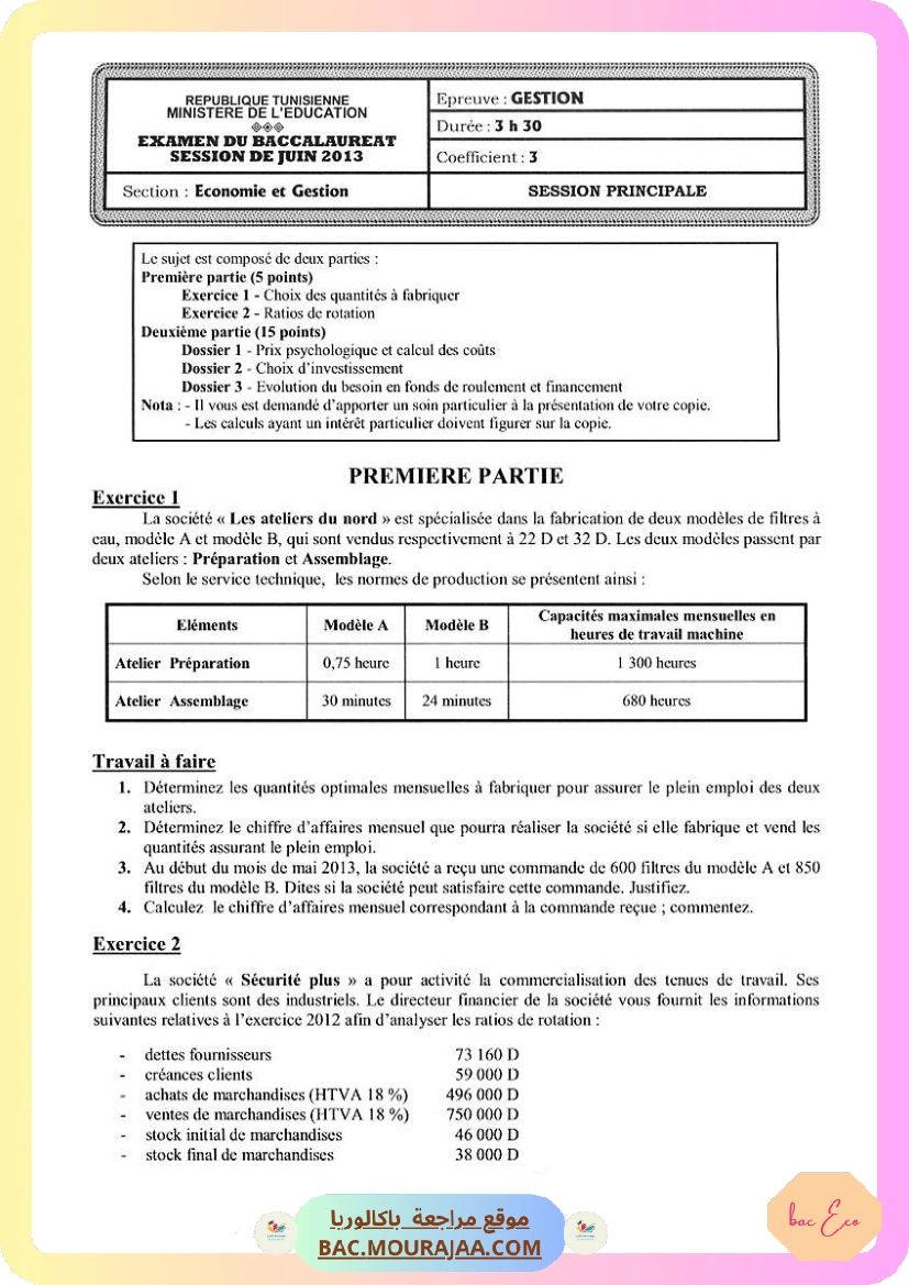 Sujet principale gestion Bac 2013 – Section eco